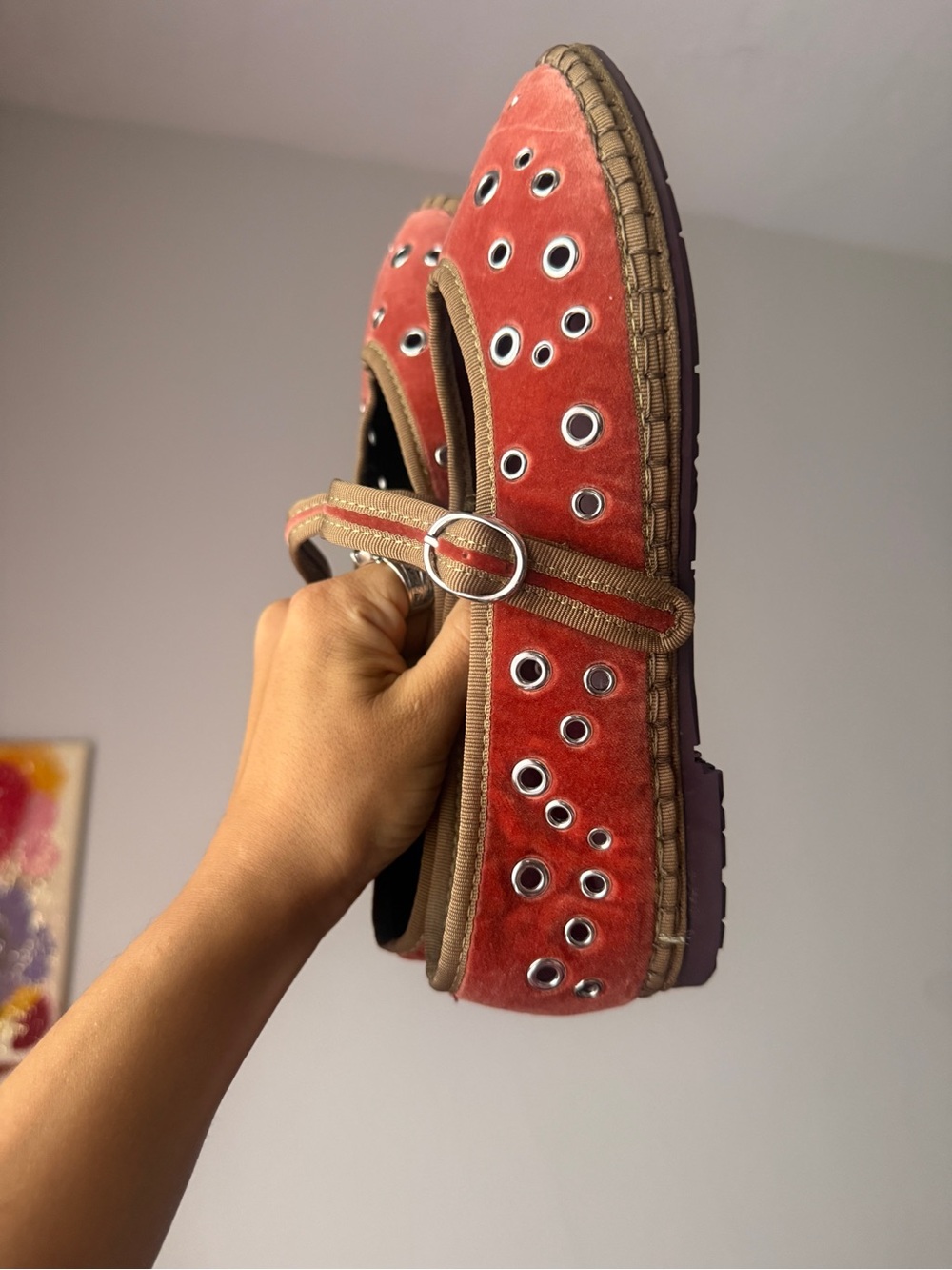 Red Suede Mary Jane Mules with Grommet Detail